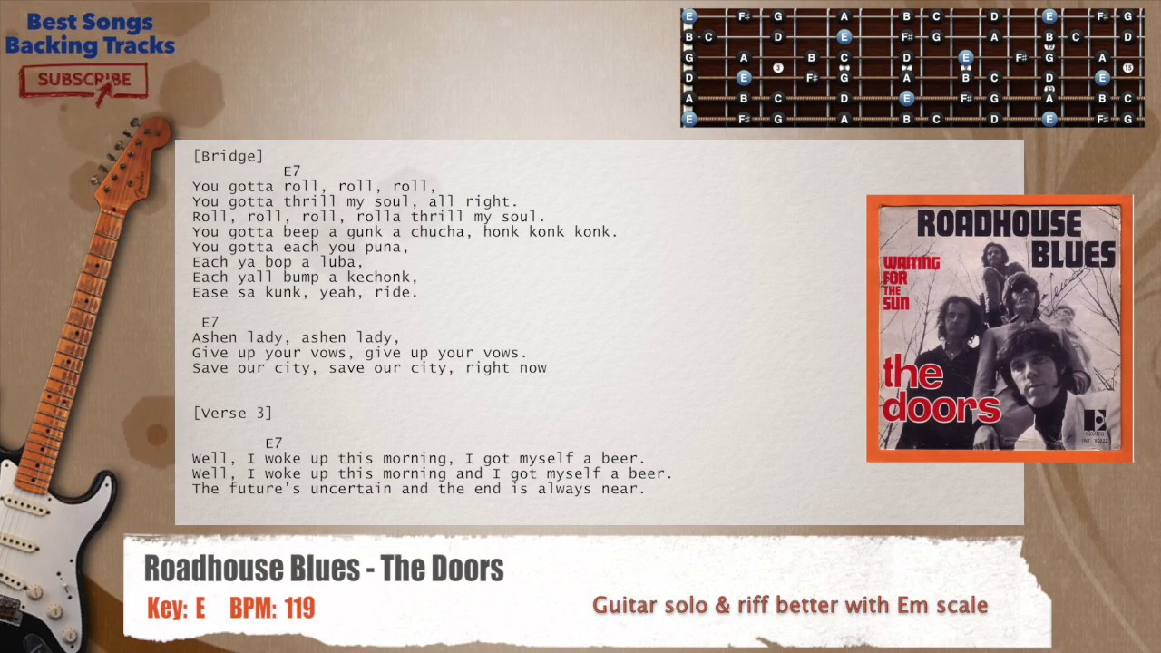 🎸 Roadhouse Blues - The Doors Guitar Backing Track with chords and lyrics