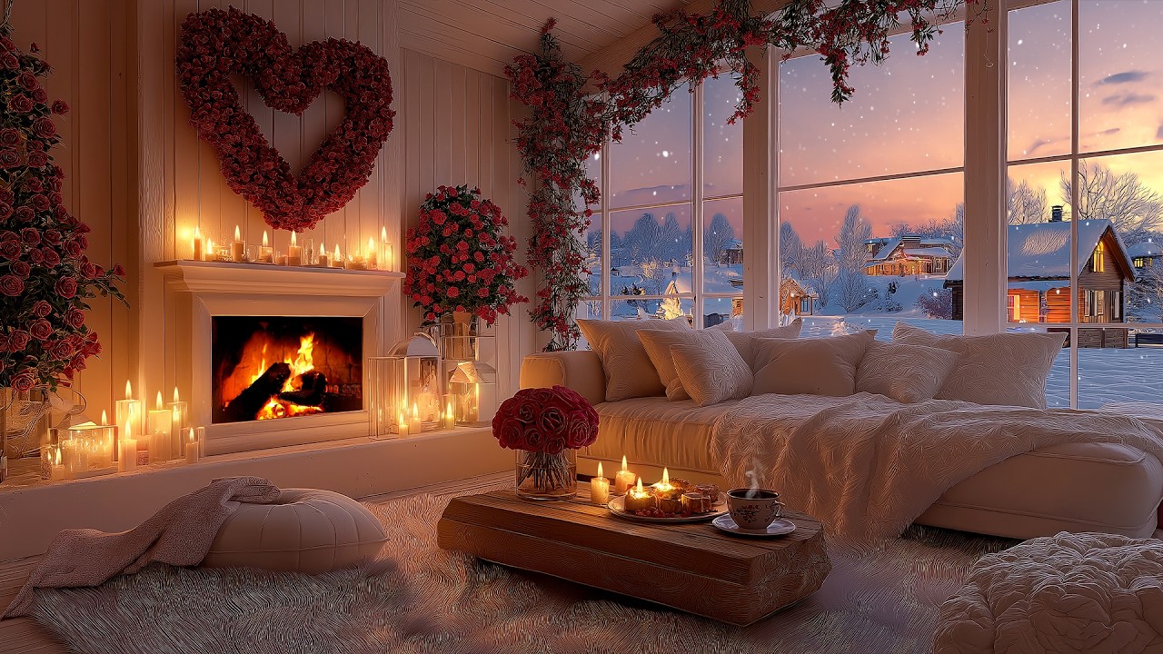 Romantic Winter Scene ❄️Cozy Living Room, Fireplace Glow & Smooth Piano Music for Warm Winter Day