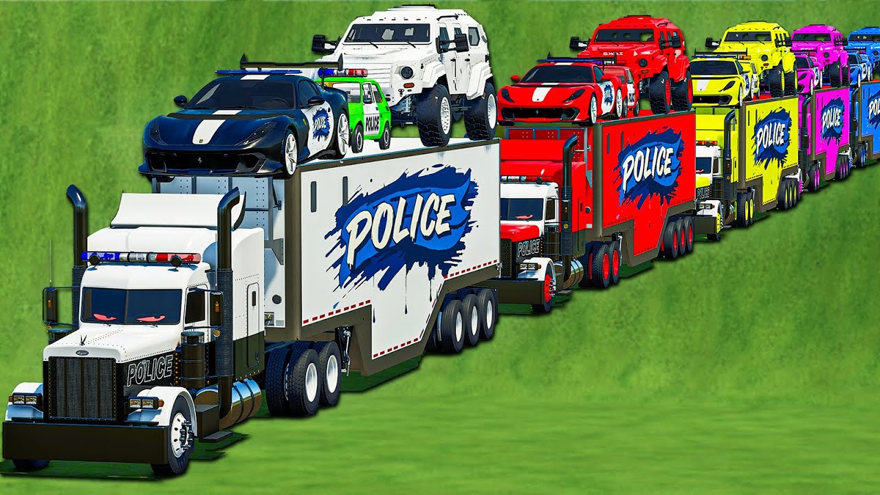 OVERSIZED LONG CONVOY COPS TRANSPORT VS TERRAIN 4X4 VS FIAT EMERGENCY VS POLICE POWER TRUCKS! FS 25