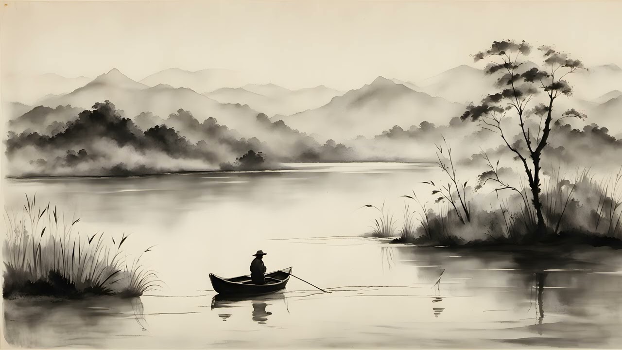 4K Japanese Ink Wash Landscapes (Fisherman pt. 2) | 2 Hour Fine Art Slideshow | No Music