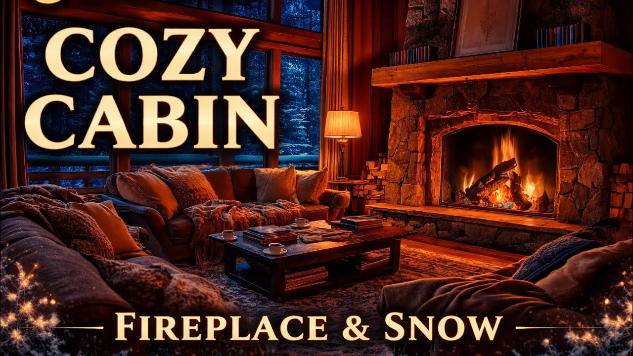 3 Hours Cozy Cabin Fireplace & Snow | Relaxing Winter Ambience