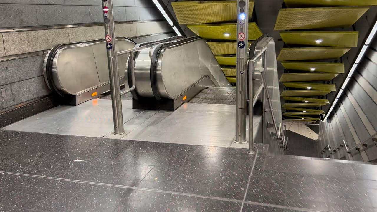 Essen, Germany. 2x KONE escalator ride down at Altenessen Mitte Stadtbahn Station exits A-C