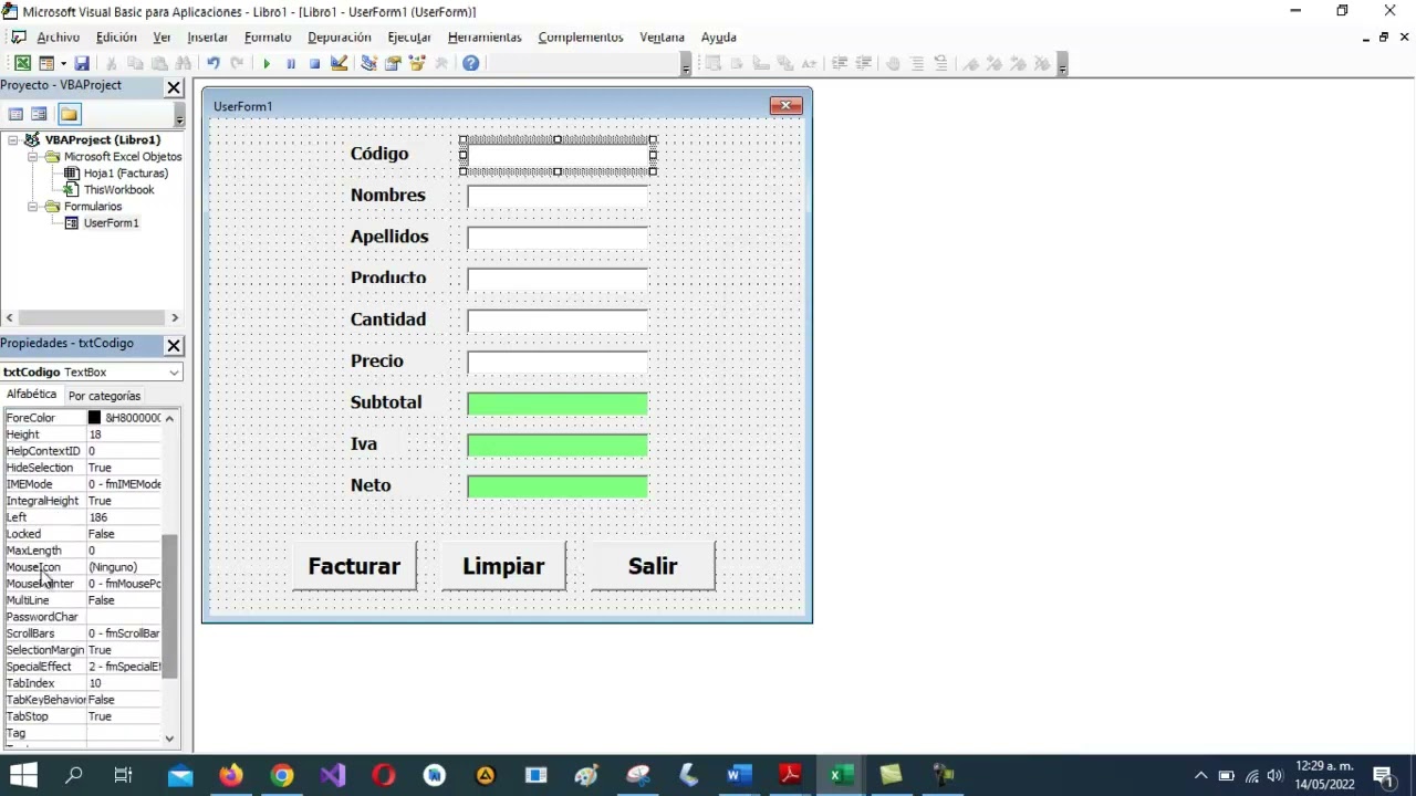 Formulario en Excel con campos calculados y VBA