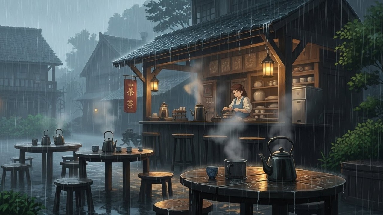 A Rainy Day in the Village 🌧️ Cozy Ghibli Ambience & Thunder Sounds