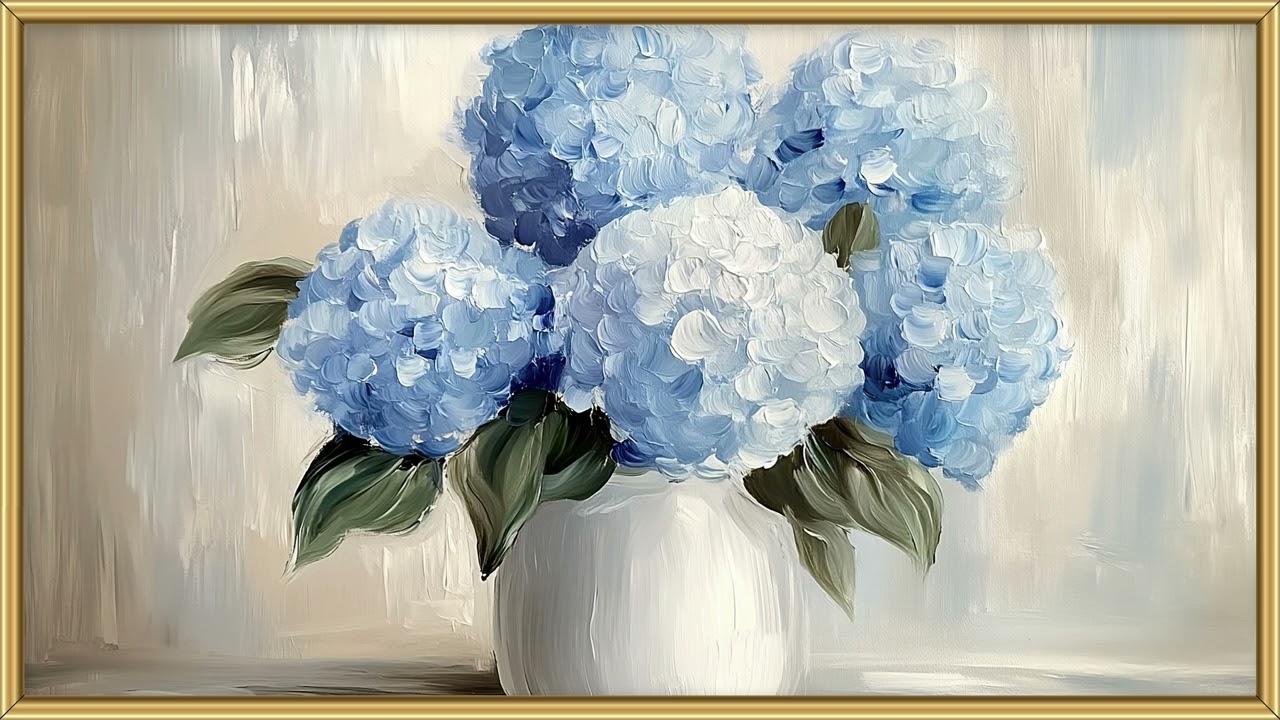 Vintage frame TV art blue floral hydrangeas TV screensaver wallpaper background oil painting decor