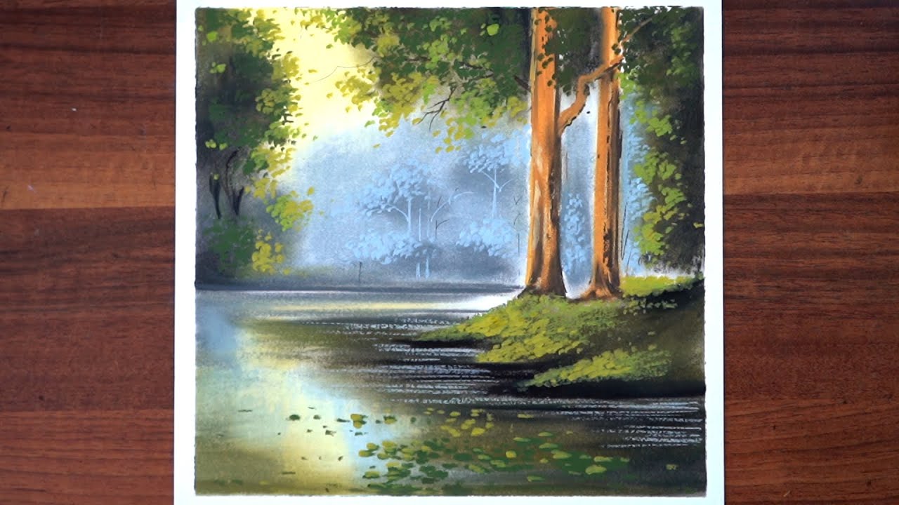 Amazing oil pastel drawing of a forest with a lake - simple drawing