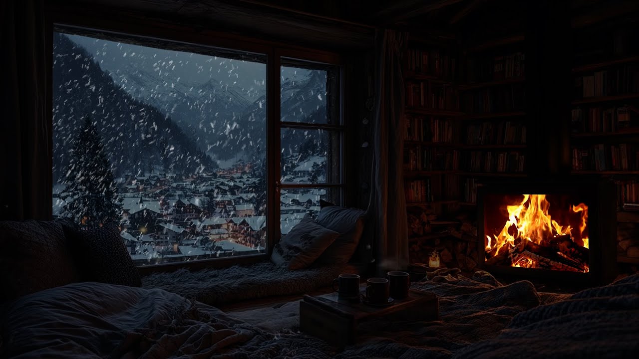 Soft Snow Falling Gently Around Warm Firelight ❄️ A Quiet Winter Night for Rest