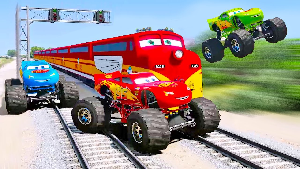 Monster Trucks Lightning McQueen chasing Trev the Train - Big Wheels Rayo McQueen Monster Truck Cars