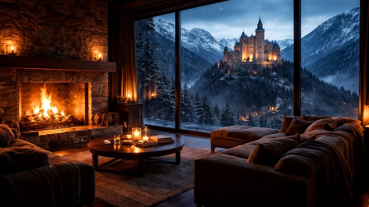 Cozy Fireplace Night with Castle View & Snowy Mountains (4K)