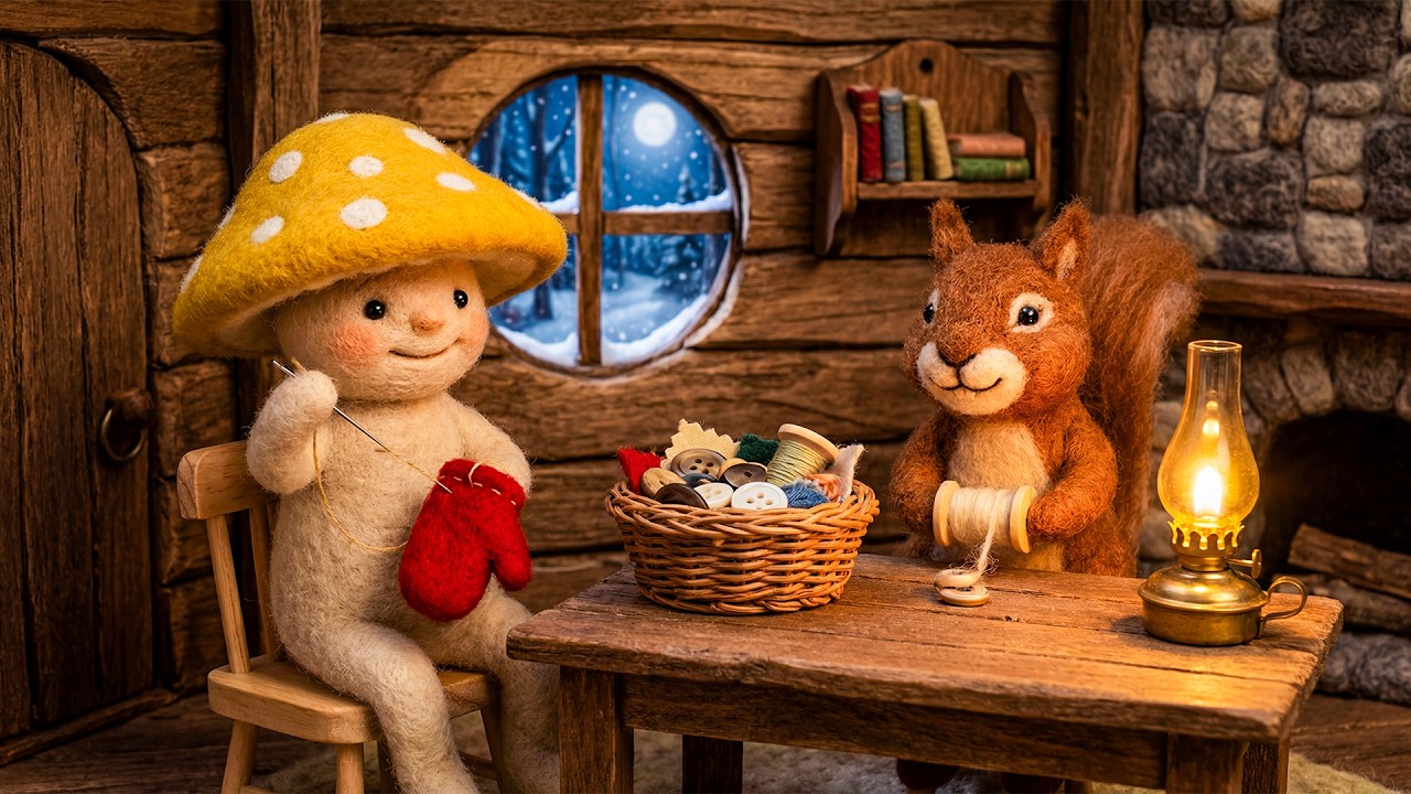 Mushroom and Squirrel's Winter Workshop - Gentle Piano & Crackling Fireplace Sounds for Relaxation