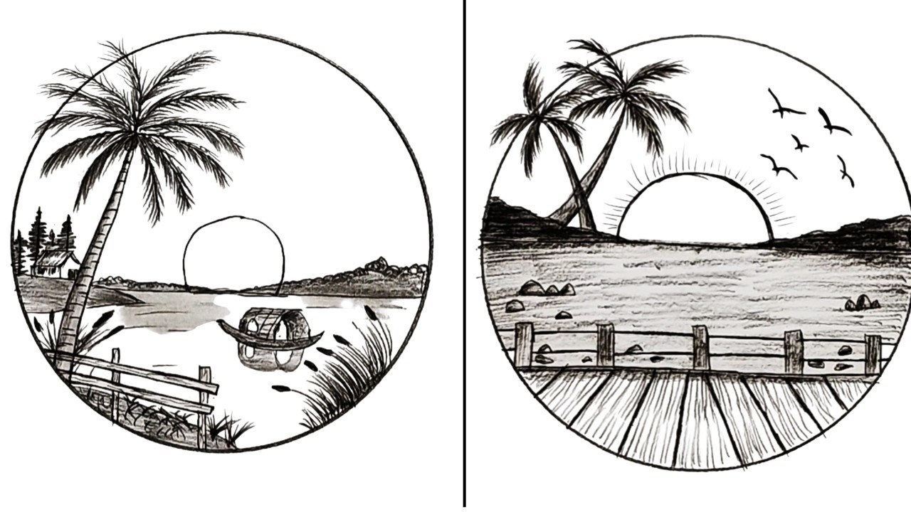2 Easy Scenery Drawings in a Circle | Beautiful Pencil Scenery Drawing for Beginners