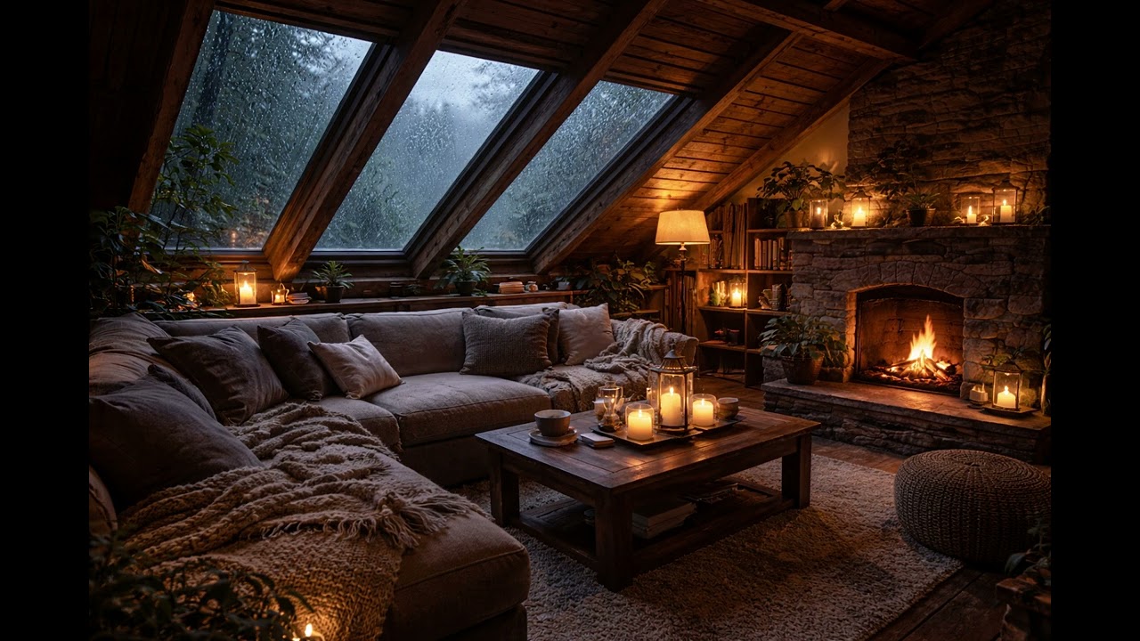 Cozy Rainy Attic | Relaxing Fireplace & Rain Sounds for Sleep & Study 🌧️🕯️