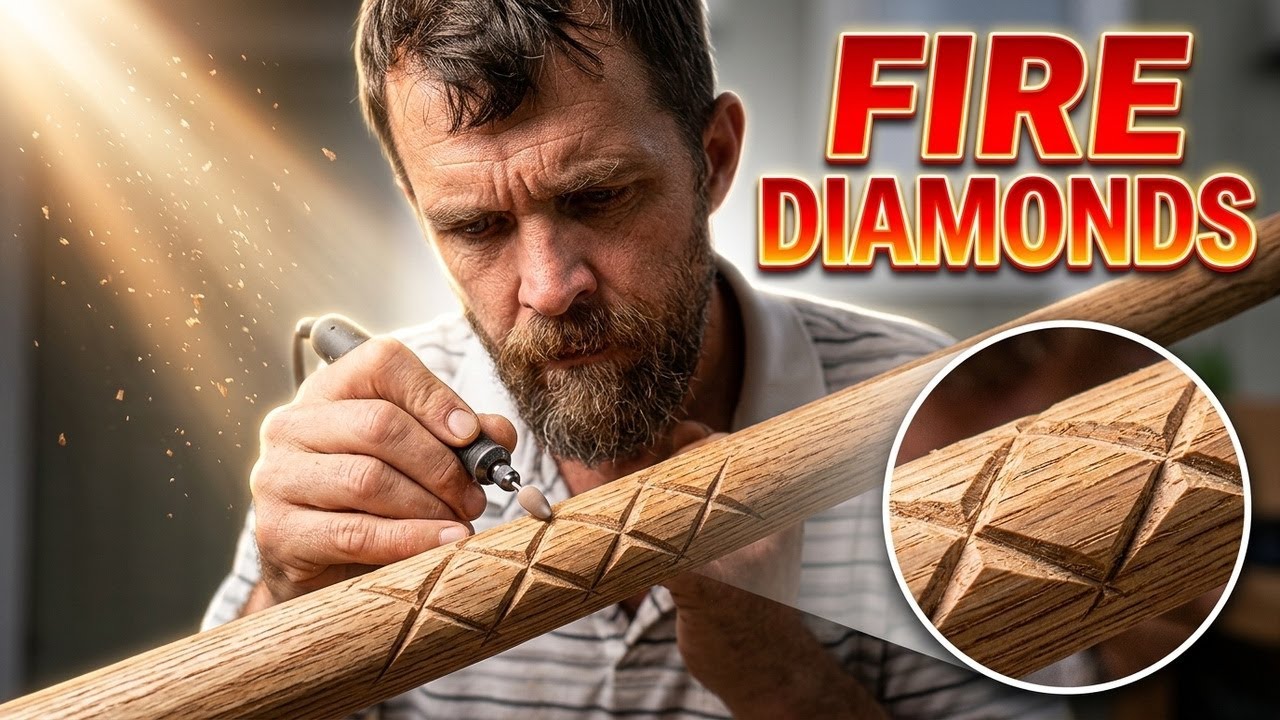 Carving Diamonds on The Red Oak Walking stick