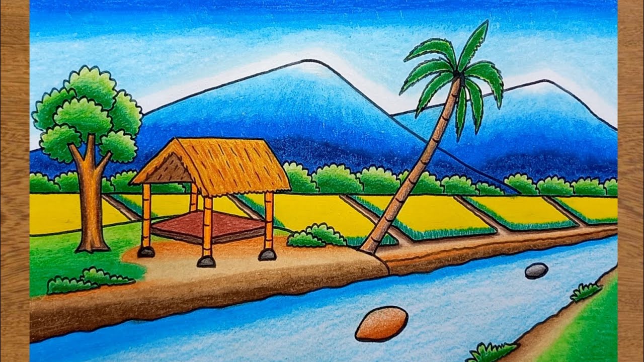 Cara Menggambar Pemandangan Sawah Mudah Untuk Pemula