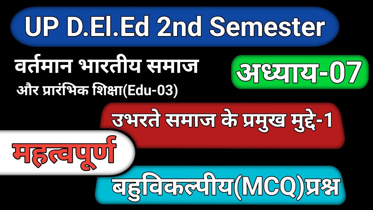 वर्तमान भारतीय समाज और प्रारंभिक शिक्षा Edu-03 अध्याय-07 || बहुविकल्पीय प्रश्न || MCQ टाइप...
