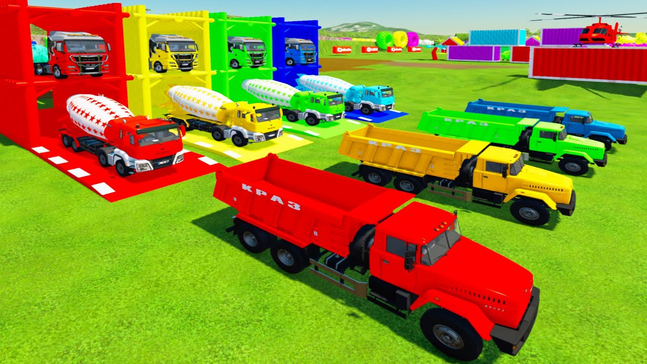 Garage With Color - ALL COLORFUL KRAZ DUMP TRUCK, MAN MIXER TRUCK TRANSPORTING TO COLORFUL GARAGE