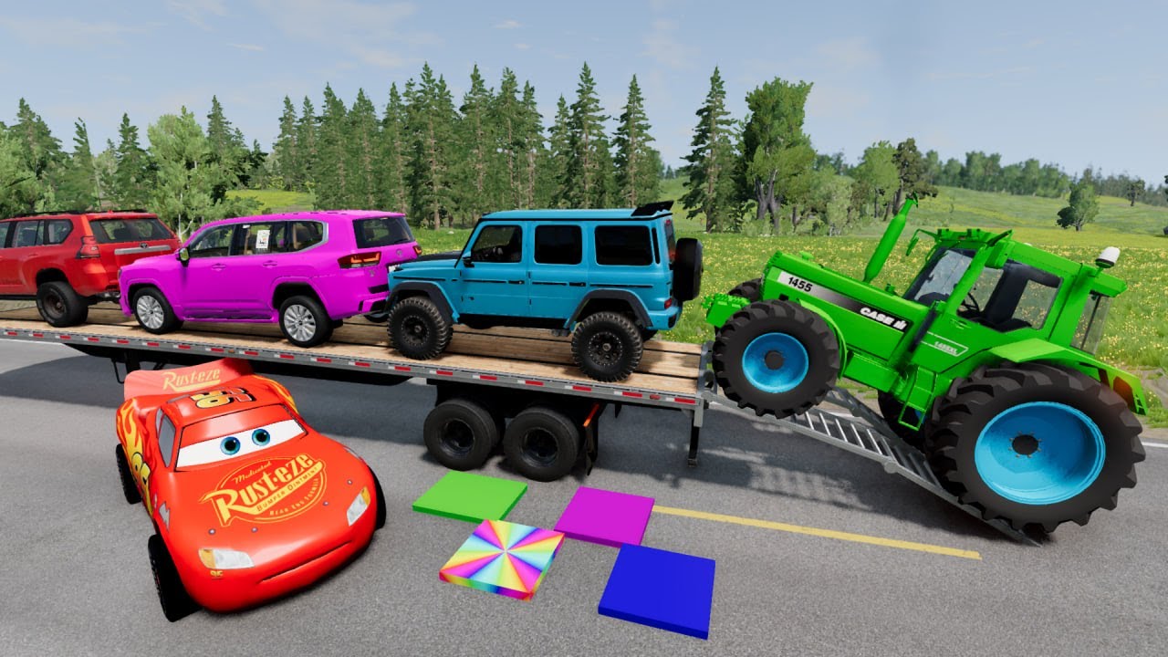 TRANSPORTING PIXAR CARS & FRUITS WITH COLORED & JOHN DEERE vs CLAAS vs TRACTORS - BeamNG.drive #983