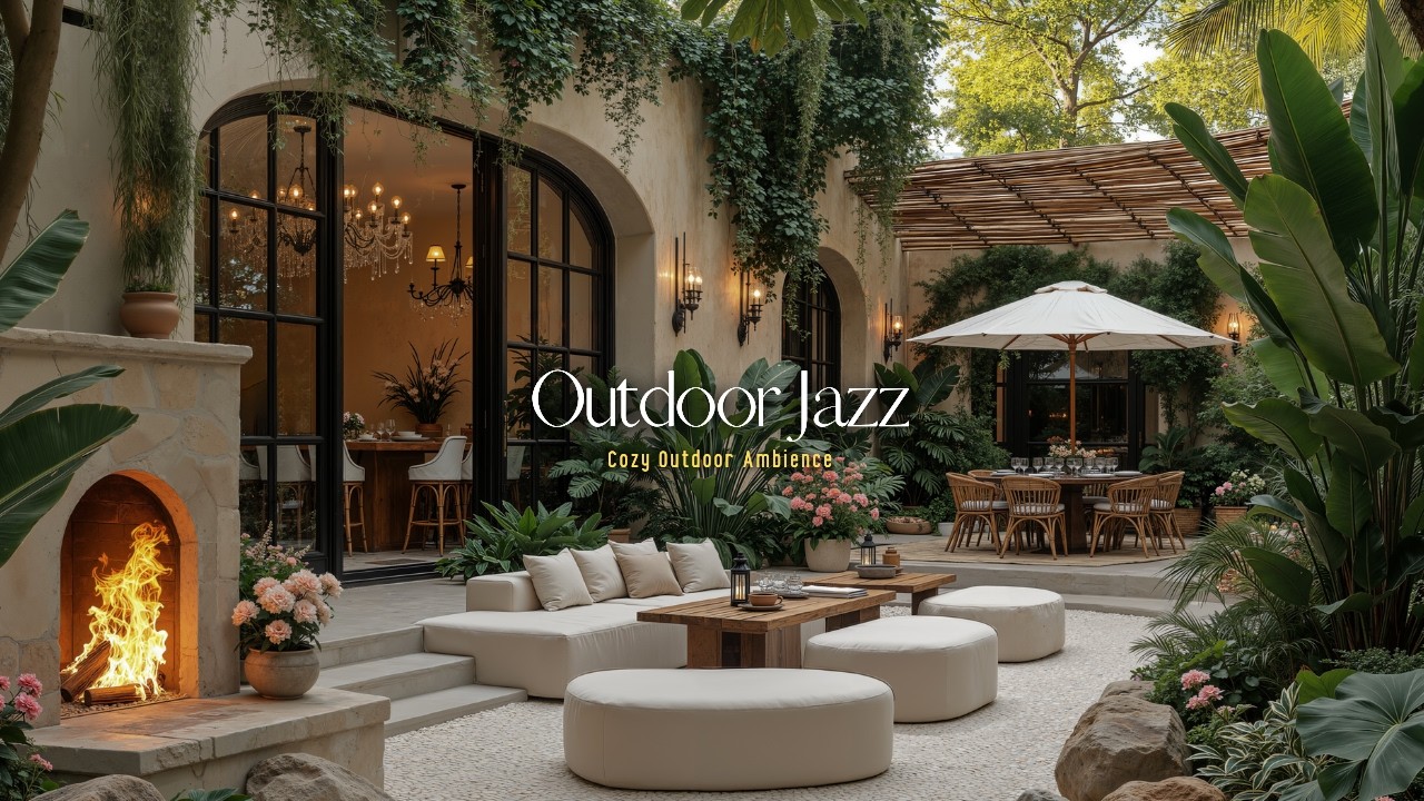 Outdoor Caf&eacute; Garden With Cozy Fireplace | Afternoon Coffee Jazz For Work, Study & Relaxing Moods