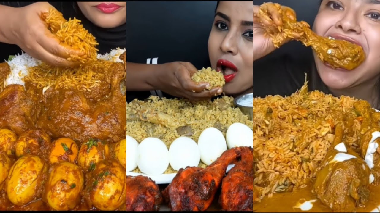 ASMR:EATING SPICY CHICKEN CURRY MUTTON CURRY EGG CURRY BASMATI RICE CHICKEN BIRIYANI EATINGCHALLENGE