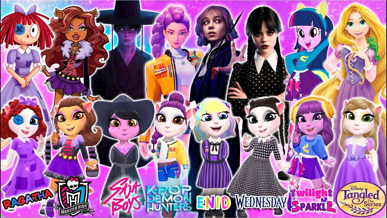 Angela 2  Ragatha Vs Monster high Vs Jinu VS Rumi Vs Twilight Sparkle Vs Rapunzel Vs Enid, Wednesday