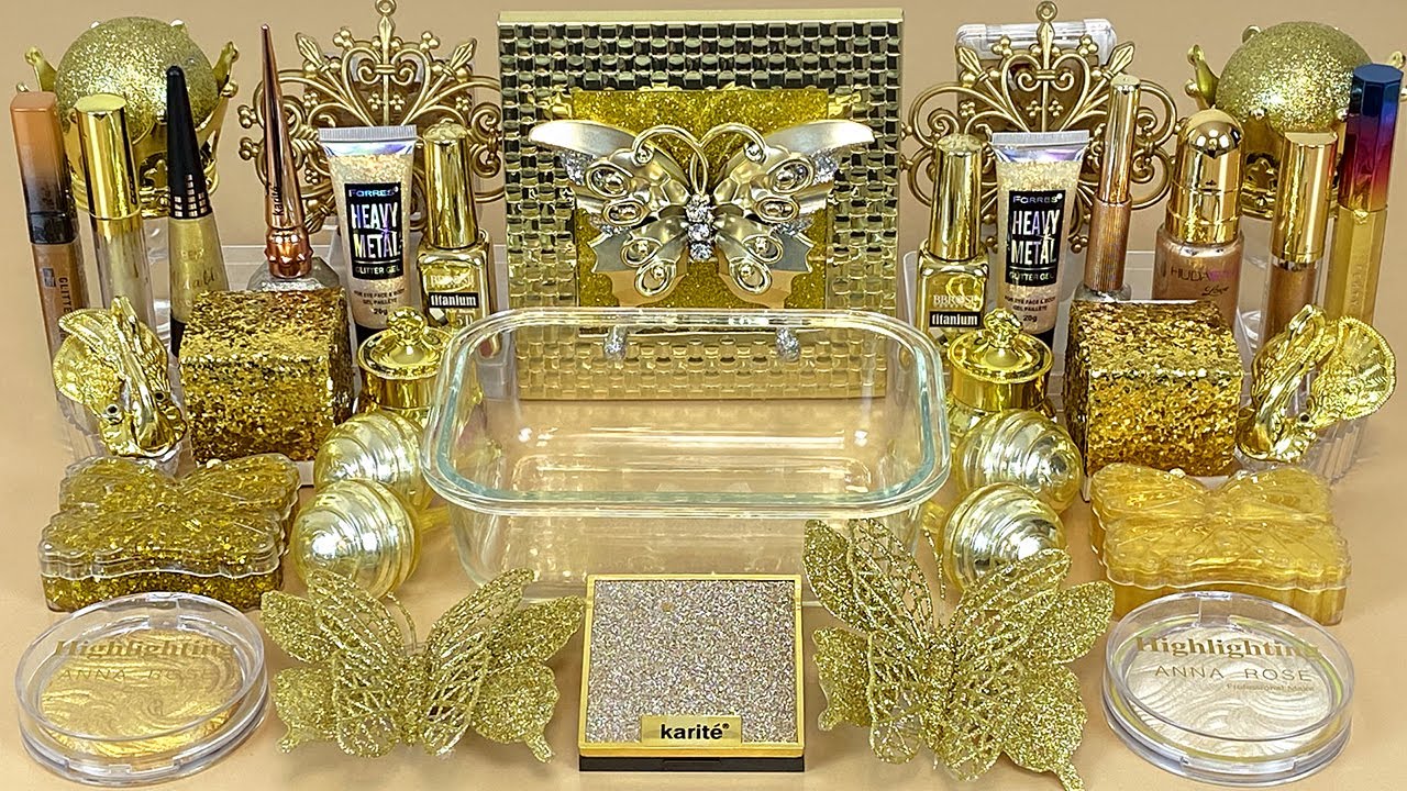 GOLD SLIME Mixing makeup and glitter into Clear Slime ASMR Satisfying Slime Videos 1080p