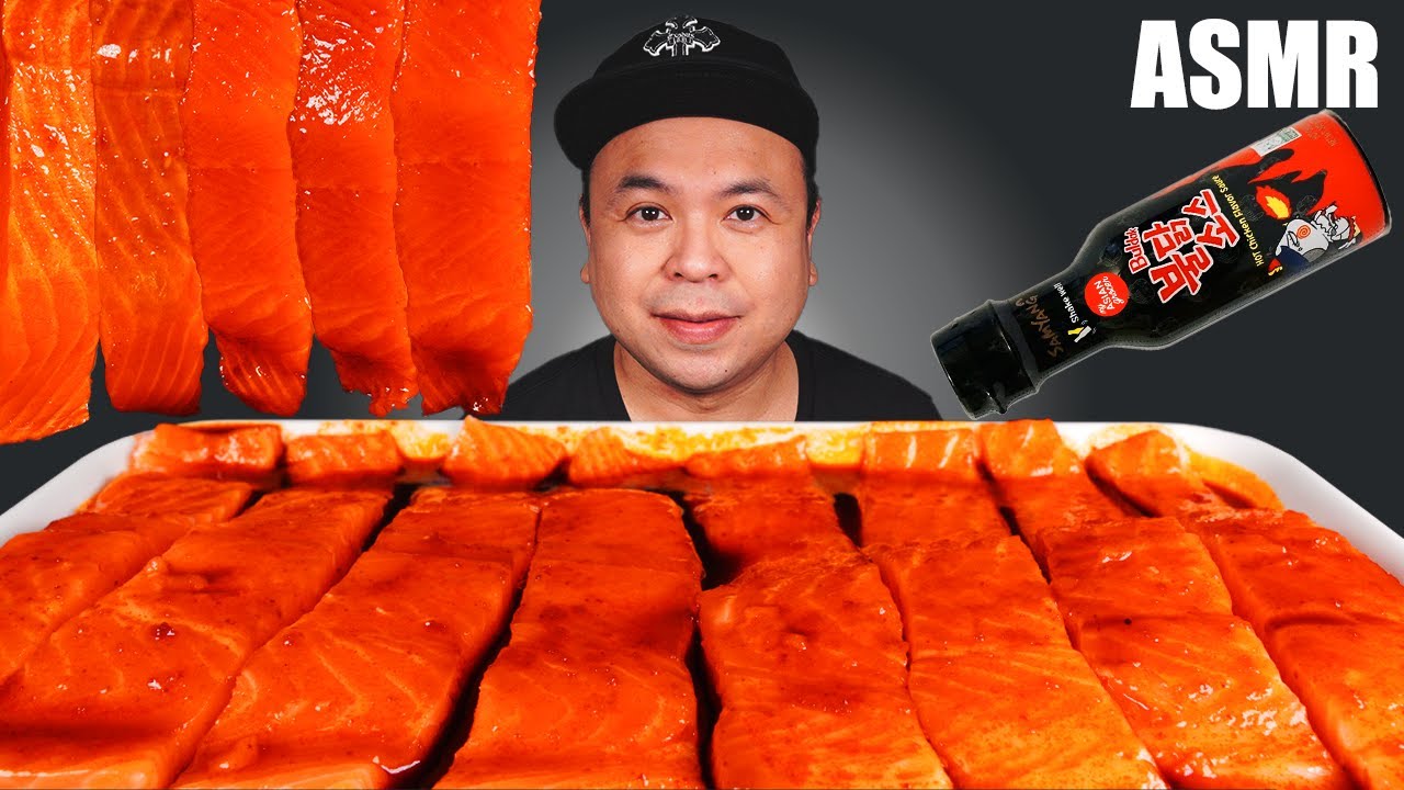 ASMR SALMON SPICY FIRE CHICKEN SAUCE MUKBANG (EATING SOUNDS) | ASMR JonOnTable