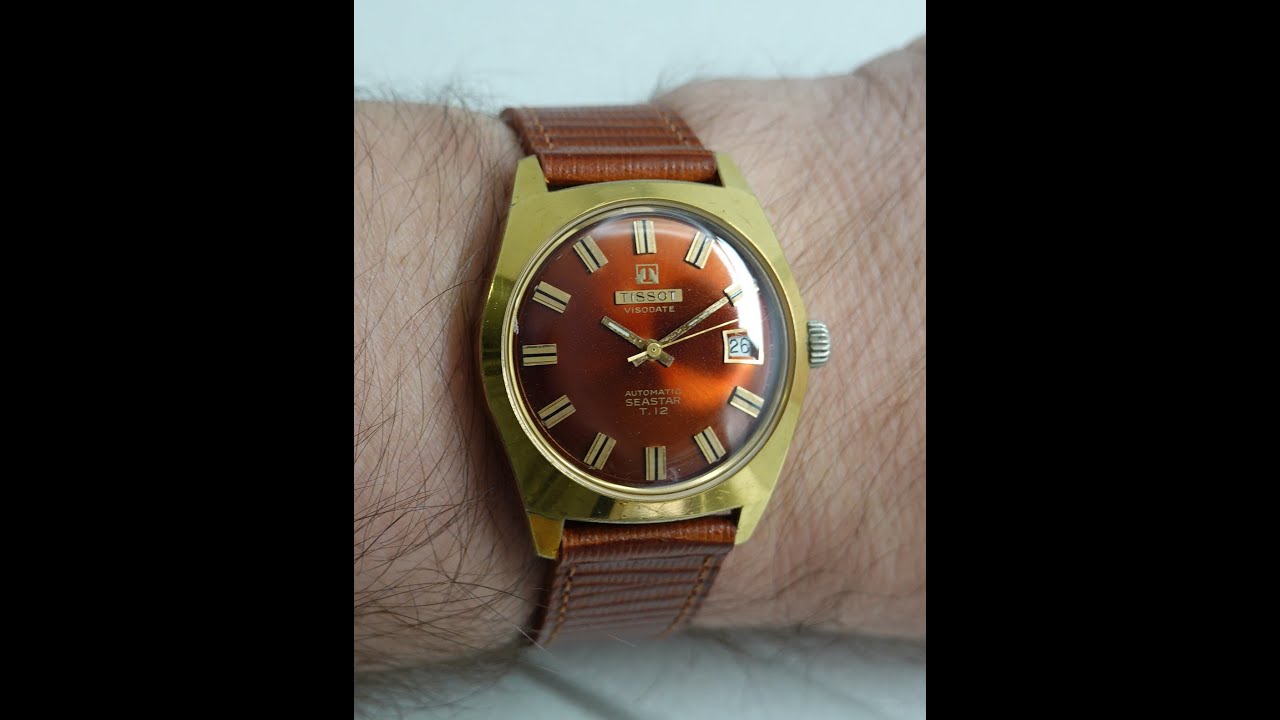 1968 Tissot Visodate Seastar T12 Automatic men's vintage watch with cool brown dial.  Model 44558-1
