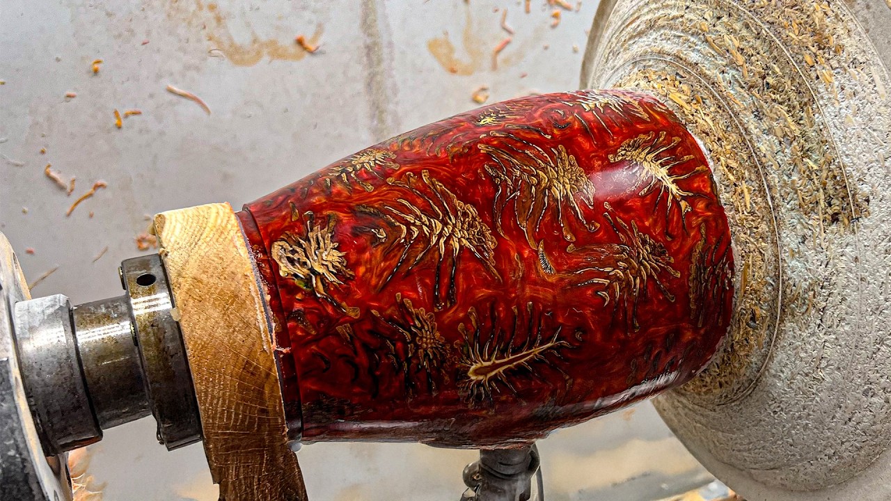 Woodturning - Fire Orange and Red Pine Cone Vase