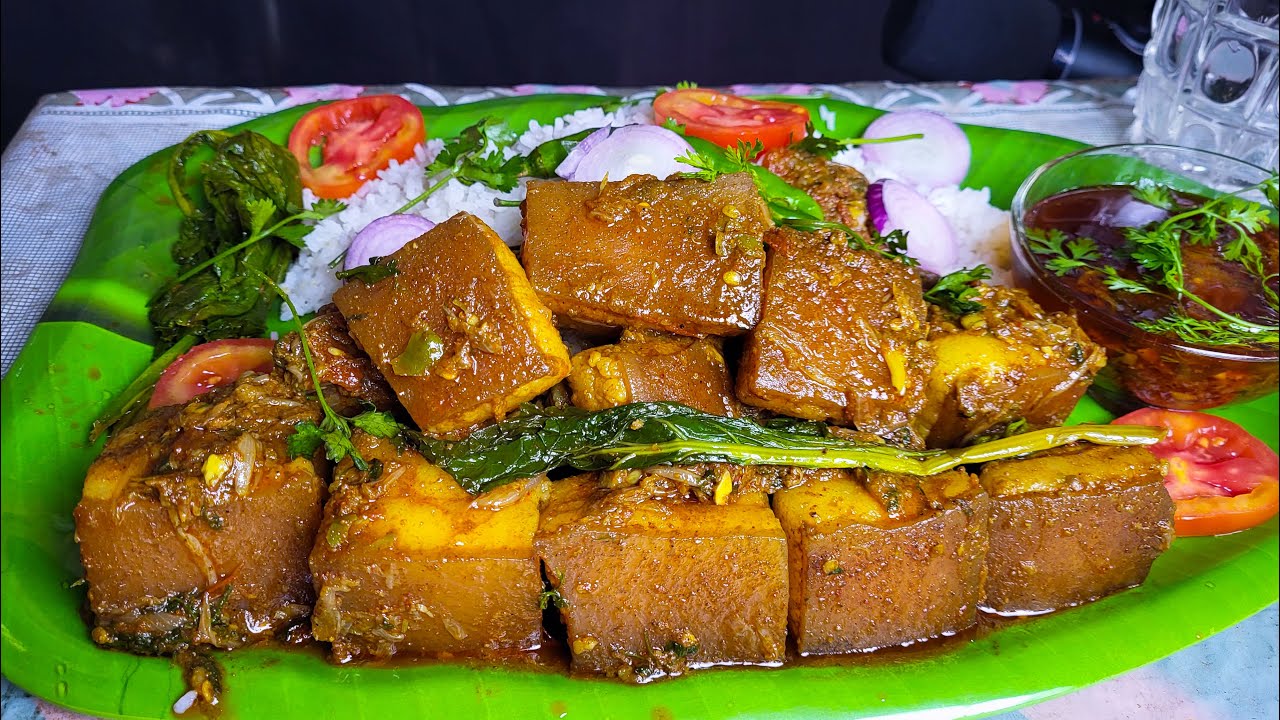Mukbang: Fatty Pork Curry with Rice & Mustard Leaves Boiled Eating || Eating Show | Ep-152