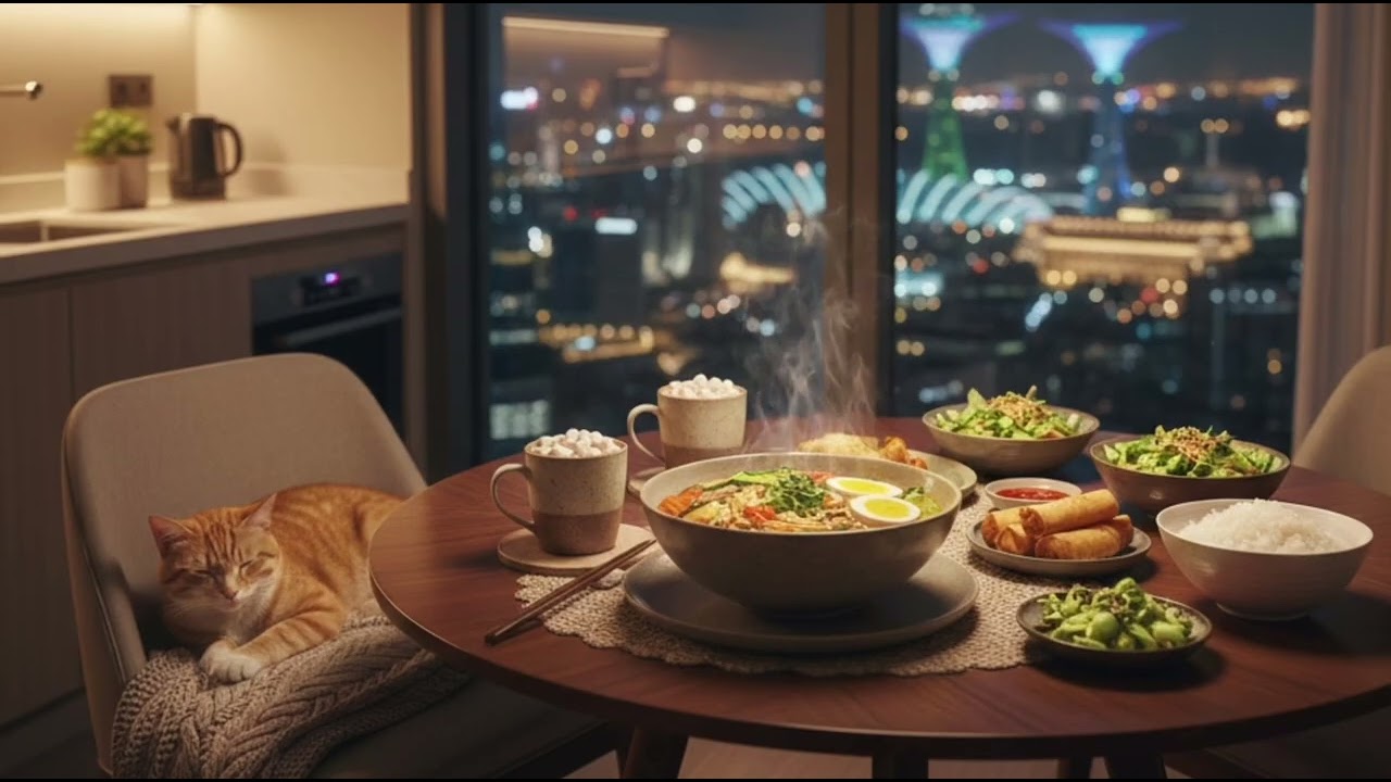 A cozy dinner with a cat + jazz music | view of Singapore