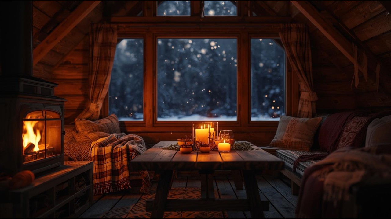 Cozy Cabin Fireplace 🔥 Snow Falling Outside Live | Relaxing Winter Ambience