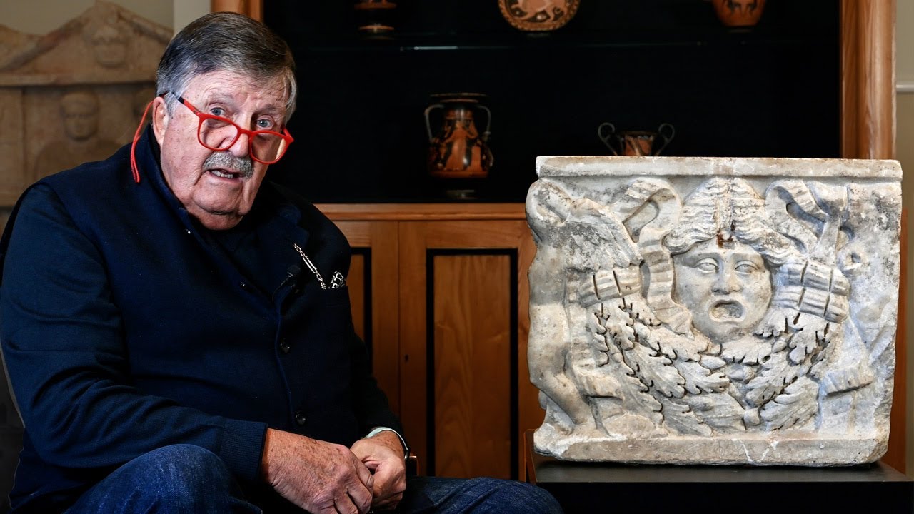 Lot 134-Large Roman Marble Sarcophagus Panel with Theatrical Mask and Eros With Tim Wonnacott.