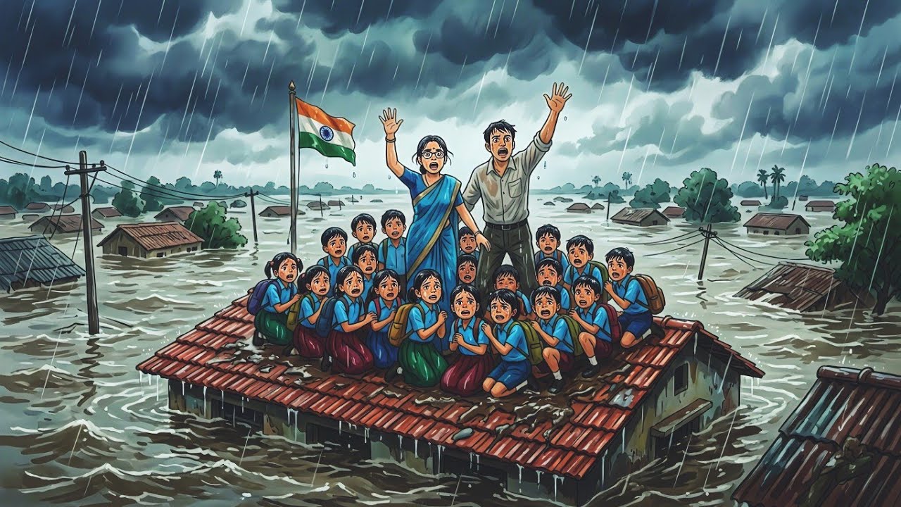 1990 School Flood. Village Rain. School Under Water. AI Ghibli Animation