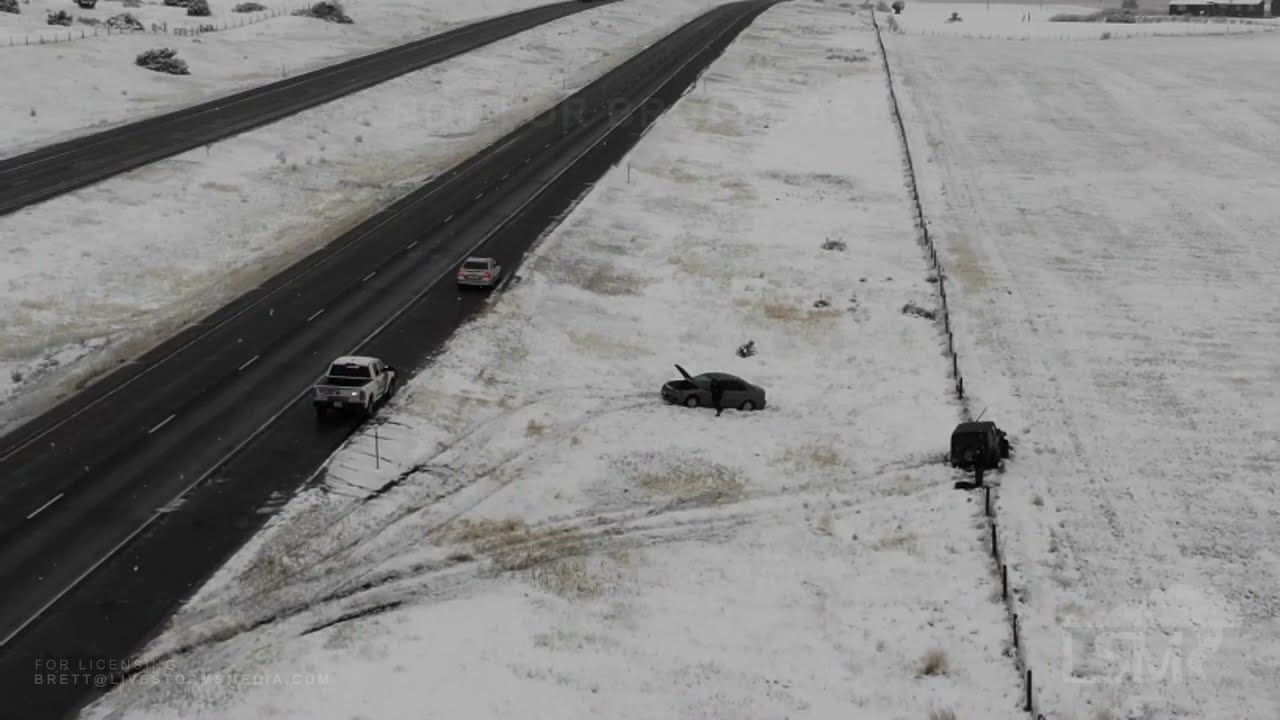 10-11-2021 Greycliff, MT - Winter conditions cause accident on I-90 - Drone