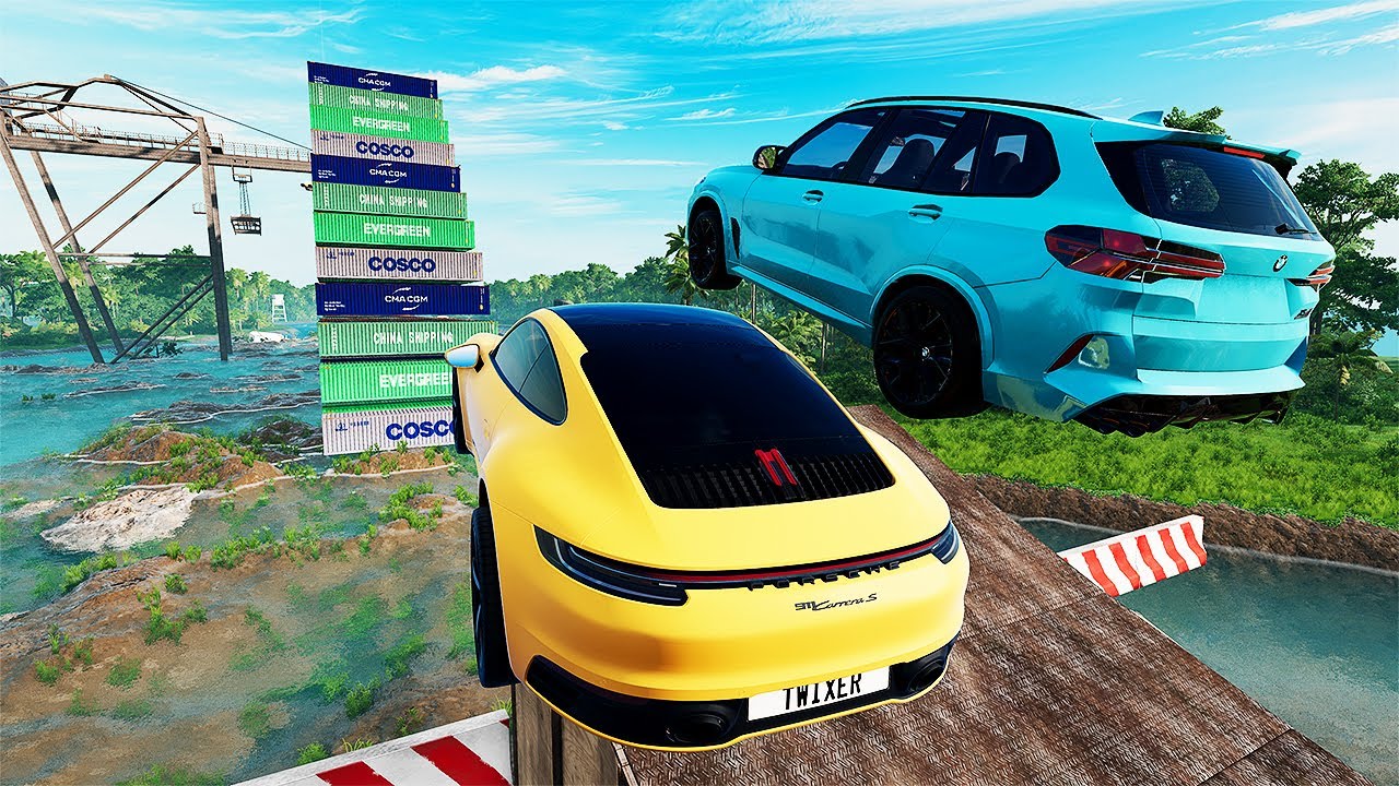 Cars Vs River Mega High Container  Jump Test #10 - Speed Car Crash -  BeamNG Drive