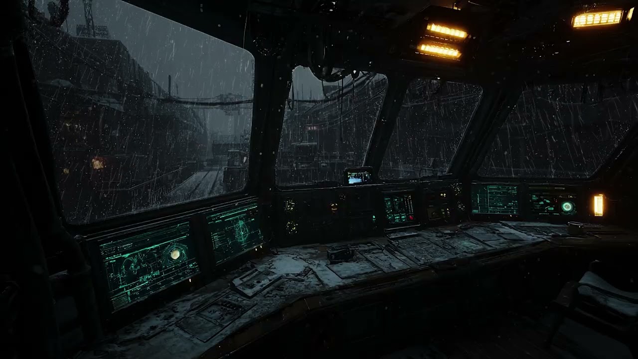Hyper-Realistic Ship Bridge with Snowy Industrial City and Relaxing Rain & Thunderstorm Sounds