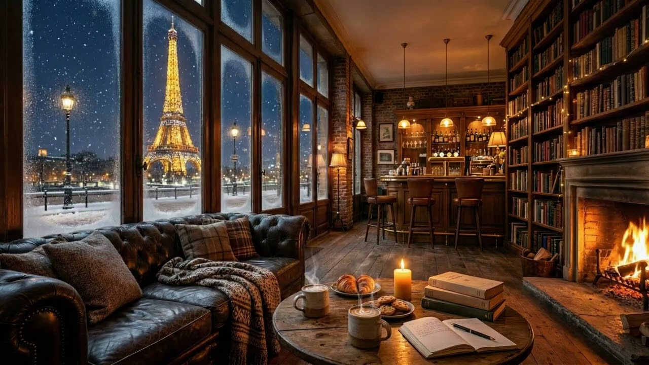 Cozy Snowy Paris Night ❄️ Eiffel Tower View Library Bar & Soft Jazz Piano (4 Hours)