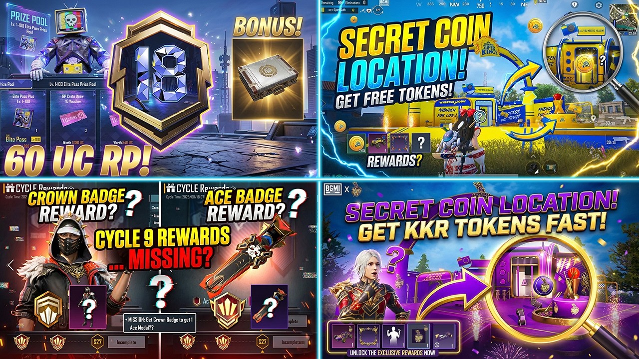 🤫BGMI X CSK & KKR COIN LOCATION? | 60UC A18 ROYAL PASS IS HERE | AKM GILT SPIN LOOK | CYCLE REWARD