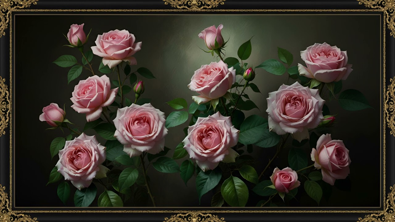Classic Pink Roses Floral Art | Elegant Dark Vintage Flower Painting for Frame TV | Screensaver