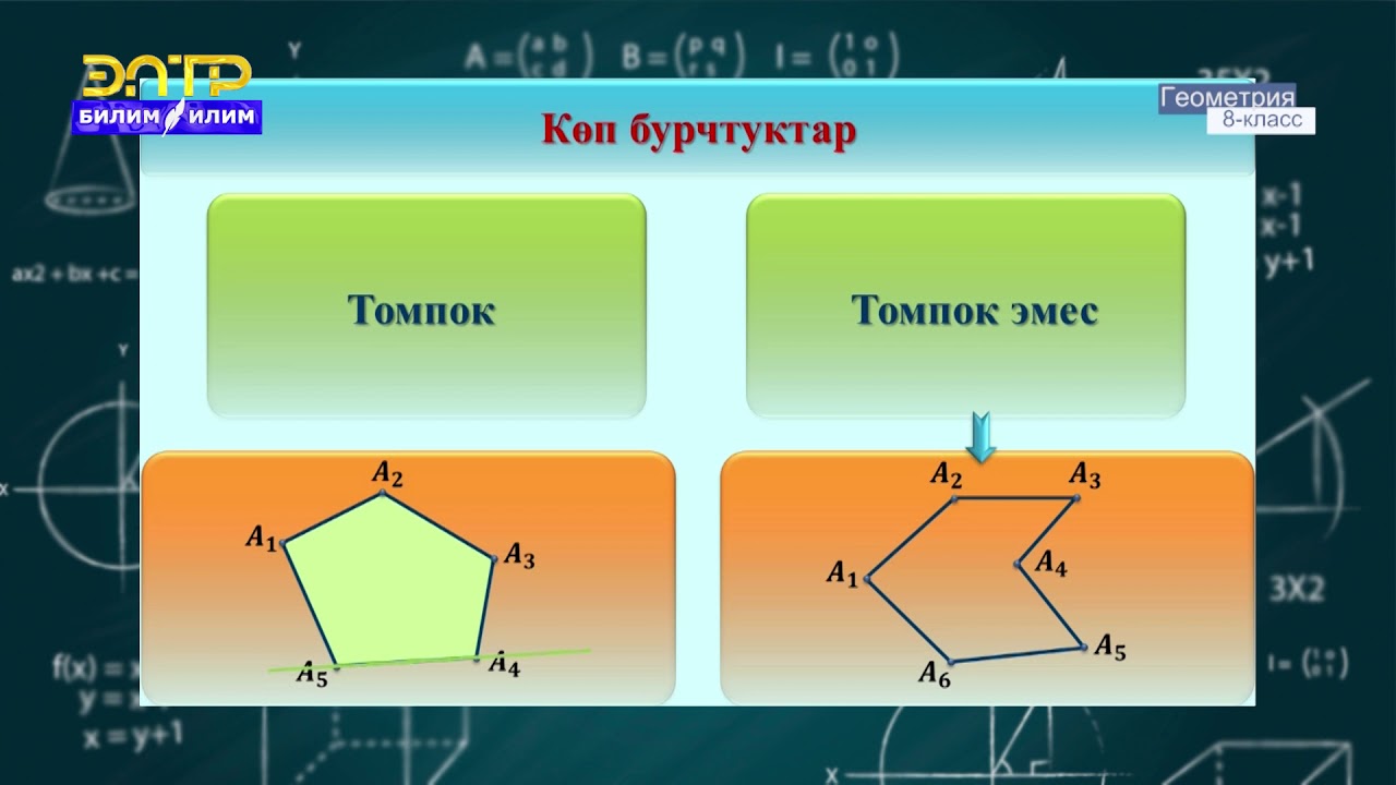 8-класс | Геометрия  | Томпок көп бурчтуктар. Томпок к бурчтуктардын ички бурчтарынын суммасы