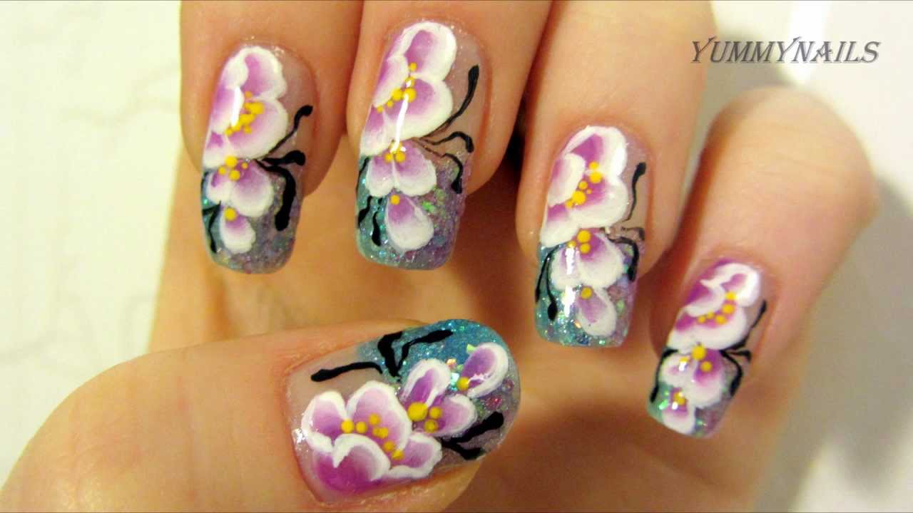 Purple & White Cherry Blossom One Stroke Design with Light Blue & Purple Glitter Nail Art Tutorial