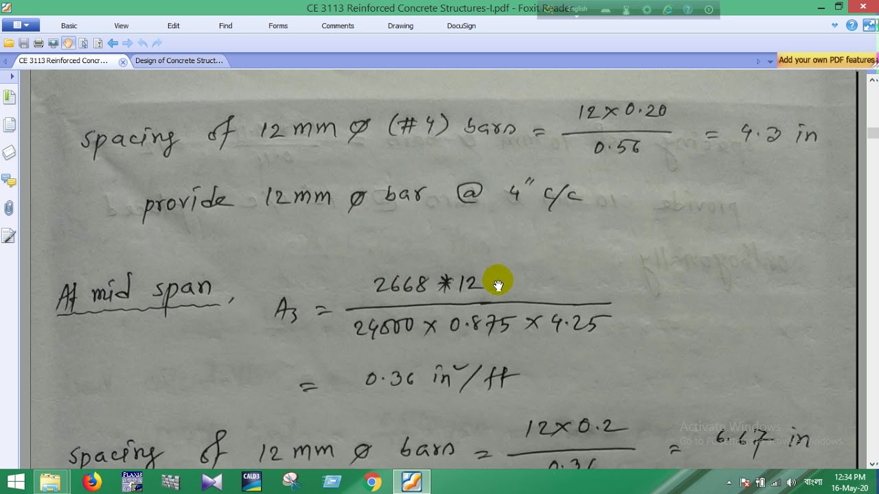 RCC I One way slab design WSD Method Part 2