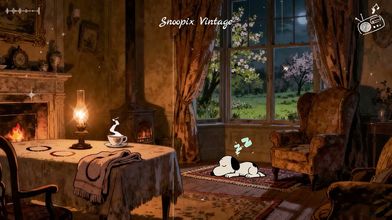 Snoopy’s Quiet Moonlit Night 🌙 | 1940s Vintage Jazz Playing in Another Room | Fireplace Ambience