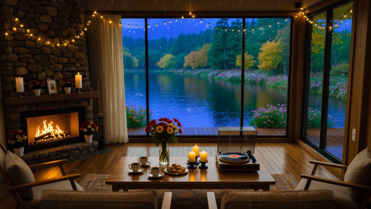 4K Cozy Living Room Jazz 🌧️ Smooth Piano with Rain & Fireplace Ambience for Relax