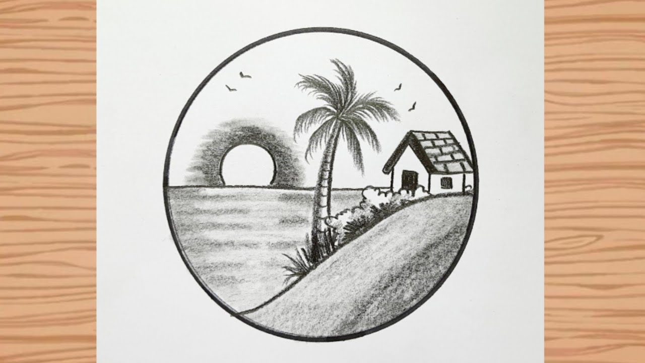 Easy Pencil Sketch | Circular Beach Sunset Drawing Tutorial 🌴🎨 #scenery #drawing 