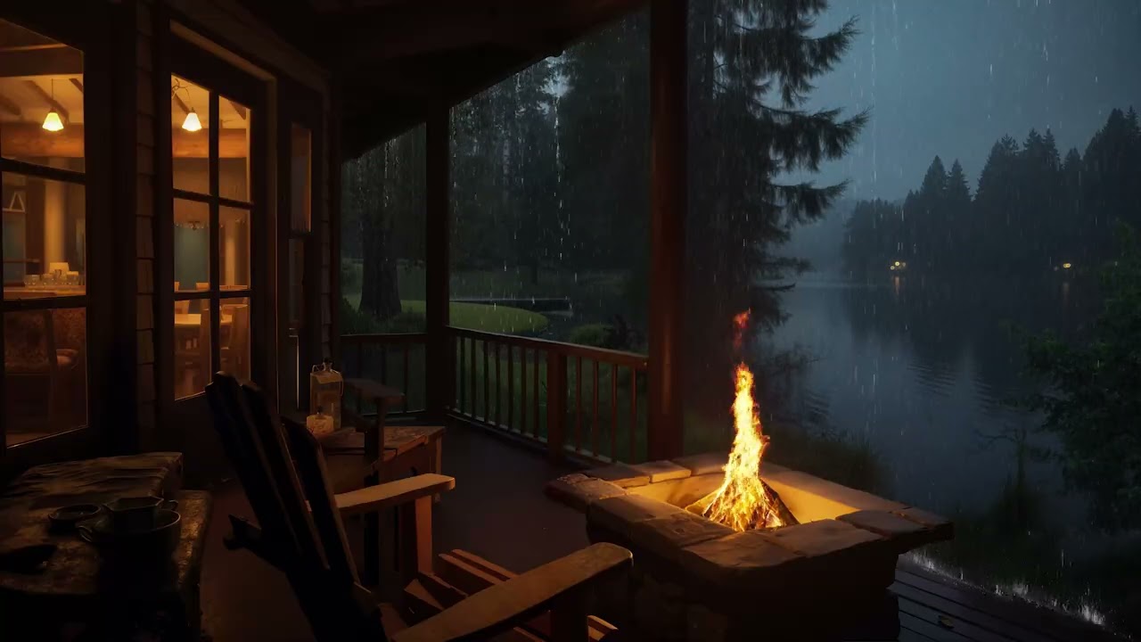 Sit on Porch on Rainy Day | Soothing Nature Sounds with Fire Crackling to Warm up and Stress Relief