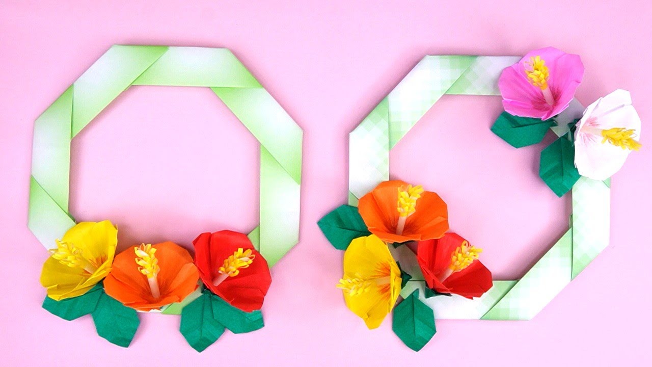 折り紙 花びら5枚のハイビスカスのリースの折り方 Origami 5petal hibiscus flower Wreath tutorial（NiceNo1）