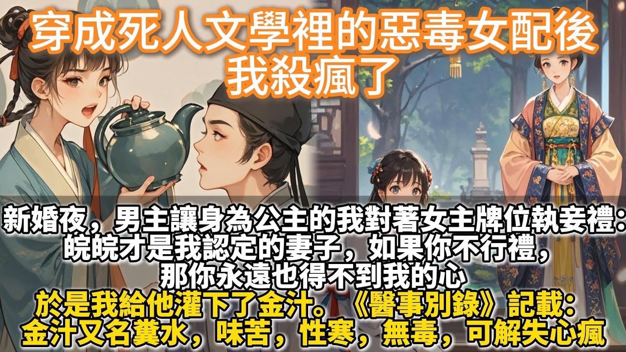 完結爽文：穿成死人文學裡的惡毒女配後，我殺瘋了。我是死人文學裏的惡毒女配。新婚之夜，男主讓身為公主的我對著女主的牌位執妾禮。皖皖才是我認定的妻子，如果你不行禮，那你永遠也得不到我的心。