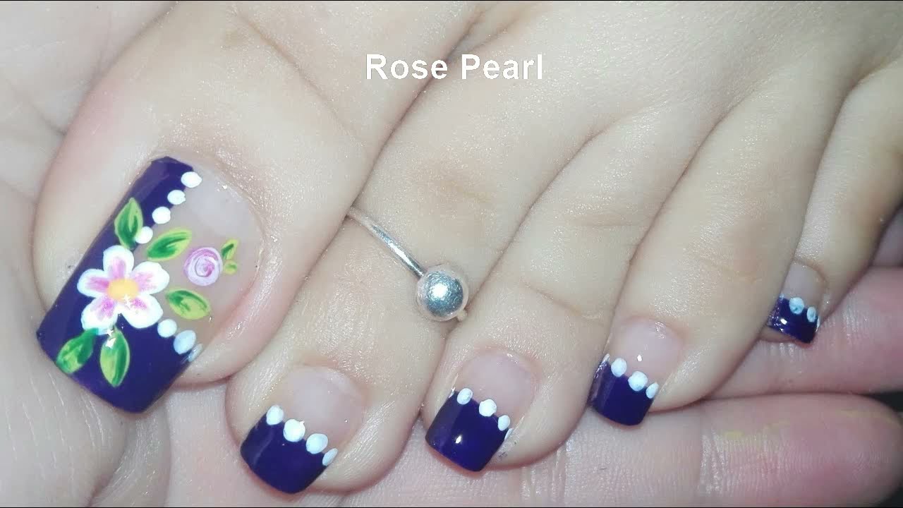 Dark Blue Floral French Pedicure Tutorial- DIY Toe Nail Art for Spring | Rose Pearl