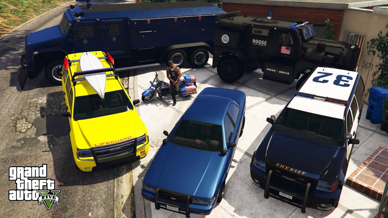 GTA 5 - Stealing Emergency Cars(Police,NOOSE ,RCV, Military) with Franklin! (Real Life Vehicles)